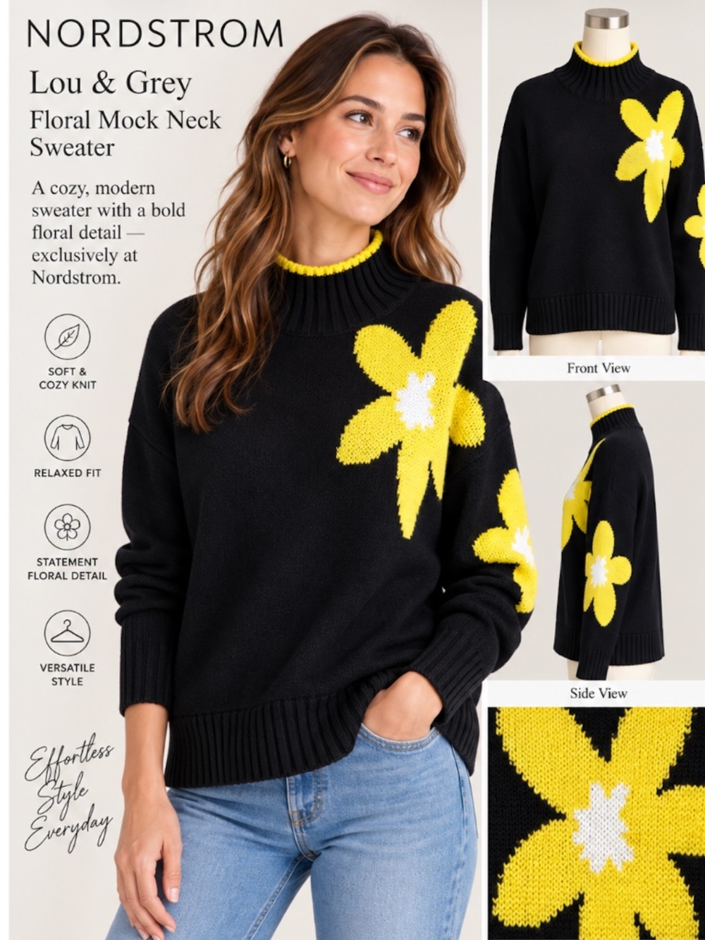 NWT! Nordstrom Lou & Grey Black Yellow Floral Intarsia Mock Neck Sweater Size L